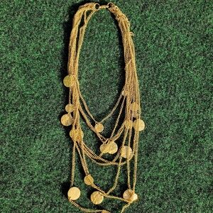 VTG Necklace Layered 9 Strand Coin Charm 18" Gold Tone